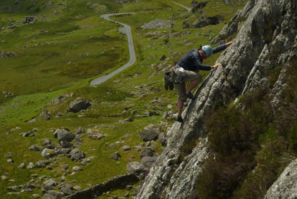 A climber on the classic Chic on Clogwyn Yr Oen in the Moelwyns. A popular VDiff.