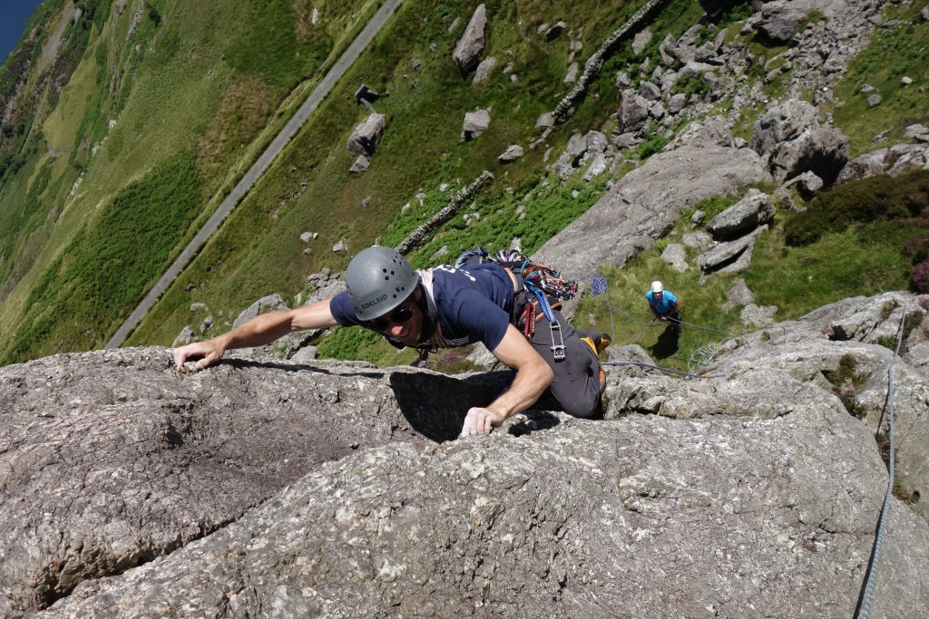 Adam Riches climbs the amazing final arete of Kirkus Direct on CLogwyn Yr Oen in the Moelwyns.