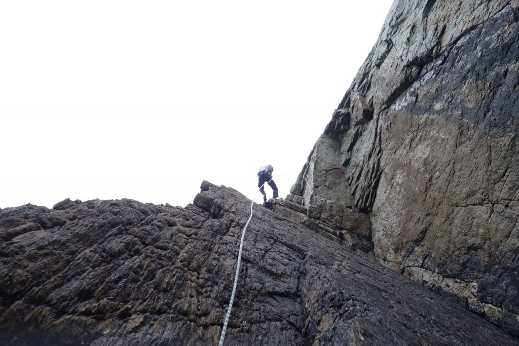 The longer 60m abseil into the base of Dream of White Horses