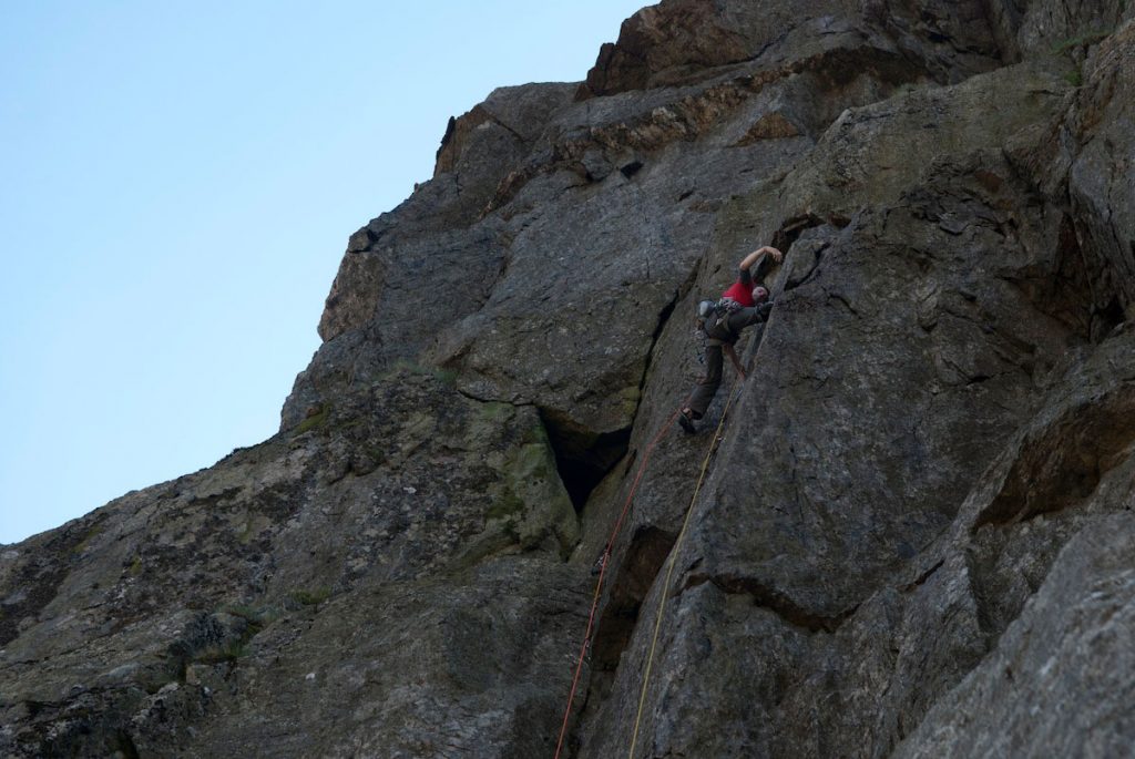 James McHaffie on the first of the 2 pitches of New Climbing on the Tower of Midnight, Cryn Las. This was an E6/7 pitch followed by an E8 pitch.