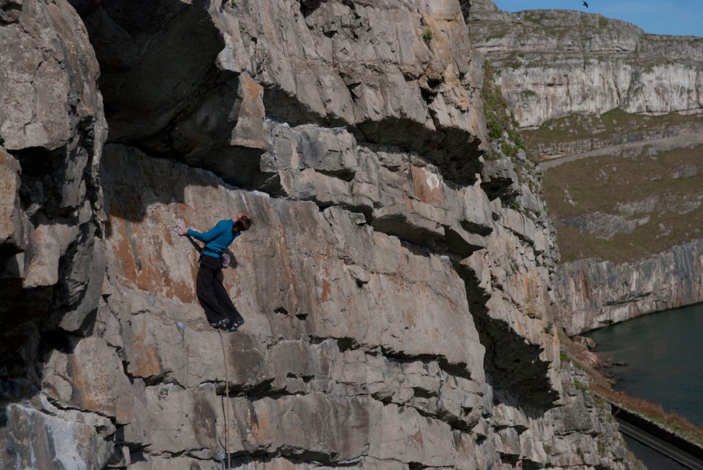 Katie Haston on a classic 6a on the Great Ormes, Mumbo Jumbo. Is no push over and requires a steady head.