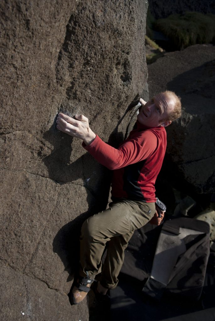 Dave Evans tackles the classic Higg Scar Left Hand at Porth Ysgo, one of the finest bouldering areas in teh UK.