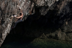 Sam Underhill looking toned and in control on the classic Deep Water Solo, Electric Bliue, E4 5c, Rhoscolyn, Gogarth.