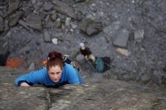 Rebecca Williams, climbing the classic Seamstress, VS.