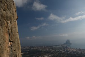 The classic Thai Chi on Olta in Costa Blanca one of the finest 6b+ routes in the area. Set high above clap with the Penon D'ifach far below.