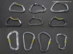 A selection of snap gate carabiners, top and Screwgate carabiners, bottom.