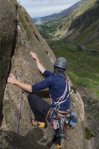The Classic hand-traverse pitch on the Direct Route on Dinas Mot, one of the finest lines in the Valley.