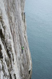 An unknown climber on Dream of White Horses - high start from the notch.