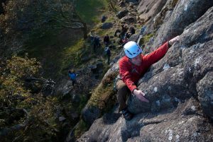 Rense learning the art of Trad Climbing at the Upper Tier in Tremadog.