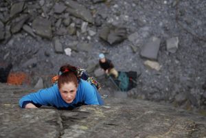 Rebecca Williams, climbing the classic Seamstress, VS.
