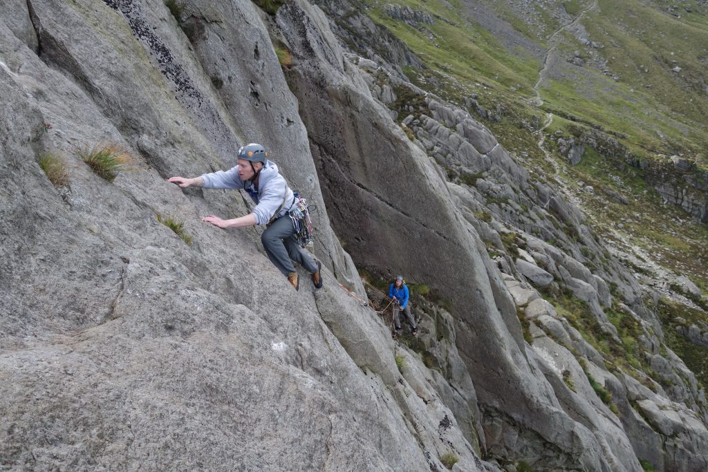 The gobsmacking Lazarus one of the finest severed in the UK. Here Jesse works on his trad climbing on our trad climbing tour and instructor development and mentoring course.