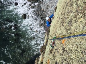 Simon Lake following the first ascent of Knowing Me, Knowing You... E4 5c Craig Dorys