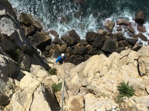 Simon following me up Elysium E1, Swanage.