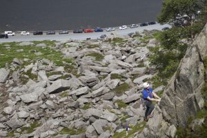 A climber on Pulit Route on Milestone Buttress in the Ogwen Valley.